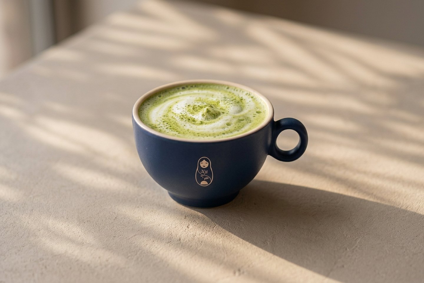 Ceremonial grade matcha whisked to a fine foam in a matte navy bowl beside a bamboo whisk at Krasivo Beauty Cafe, Upper East Side