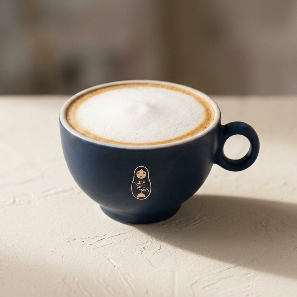 Cappuccino with equal thirds espresso, milk and foam in a matte navy ceramic cup at Krasivo Beauty Cafe Upper East Side