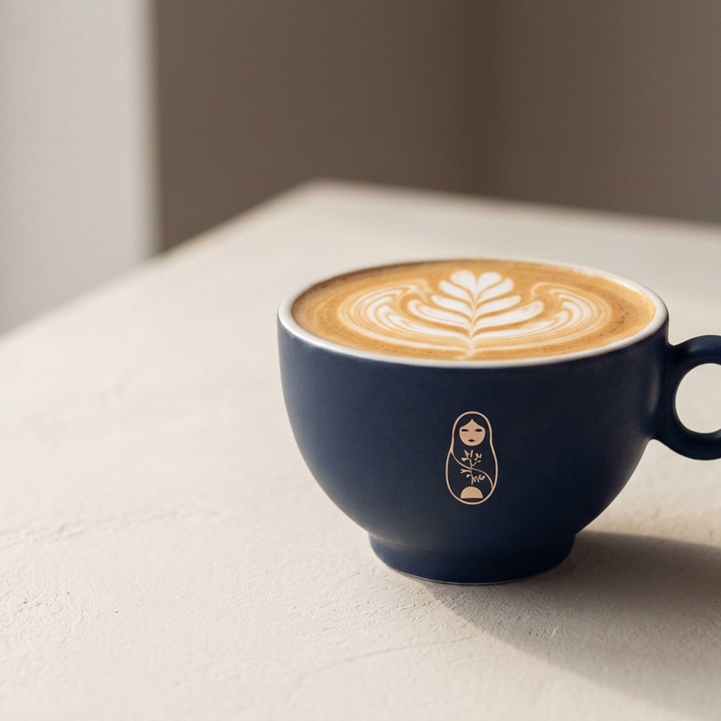 Twelve ounce latte with steamed milk in a matte navy ceramic cup at Krasivo Beauty Cafe Upper East Side