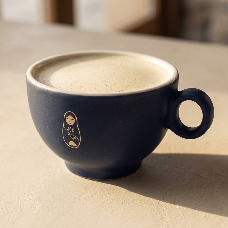 Raf coffee with espresso, cream and vanilla sugar in a navy ceramic cup at Krasivo Beauty Cafe Upper East Side