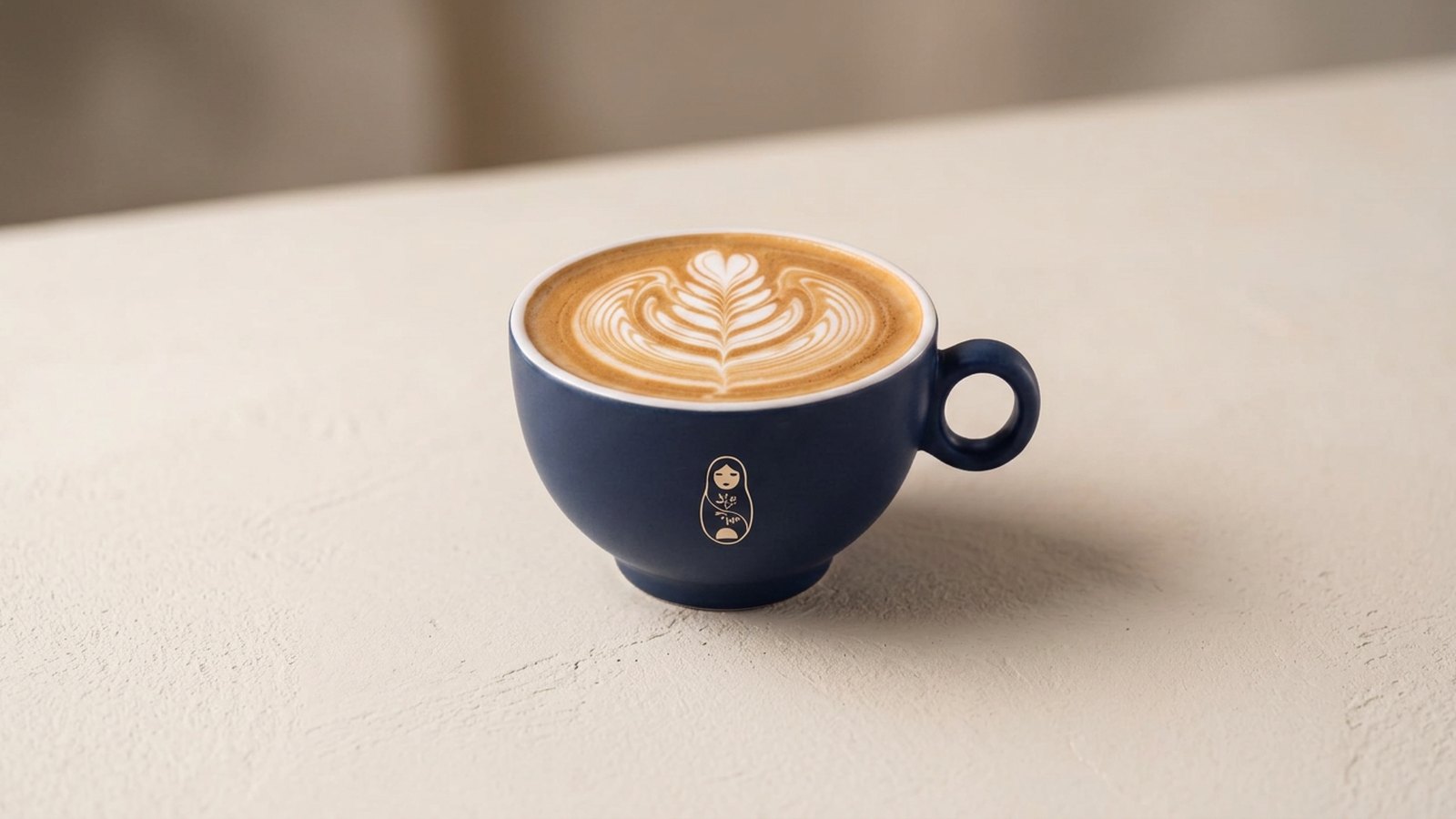 Flat white with velvety microfoam in a small matte navy ceramic cup at Krasivo Beauty Cafe, Upper East Side