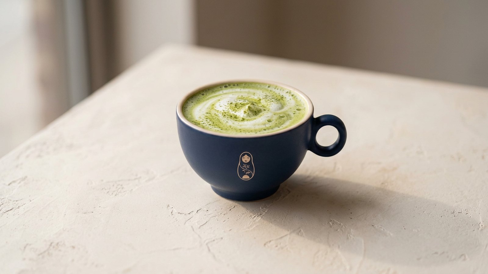 Ceremonial matcha latte in a matte navy ceramic cup, whisked to order at Krasivo Beauty Cafe